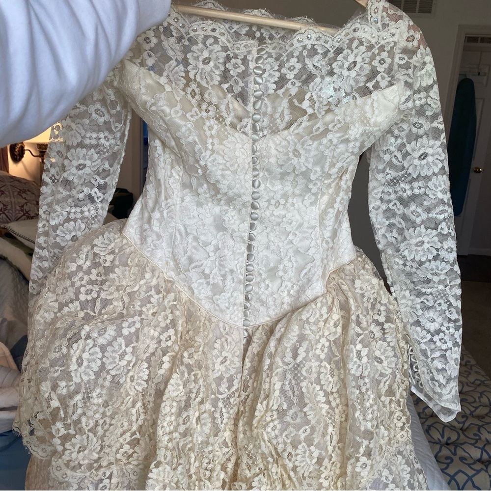 Vintage 40s/50s handmade tulle Fairy Ivory Lace Tiered Layered Wedding Dress XS - Picture 9 of 15